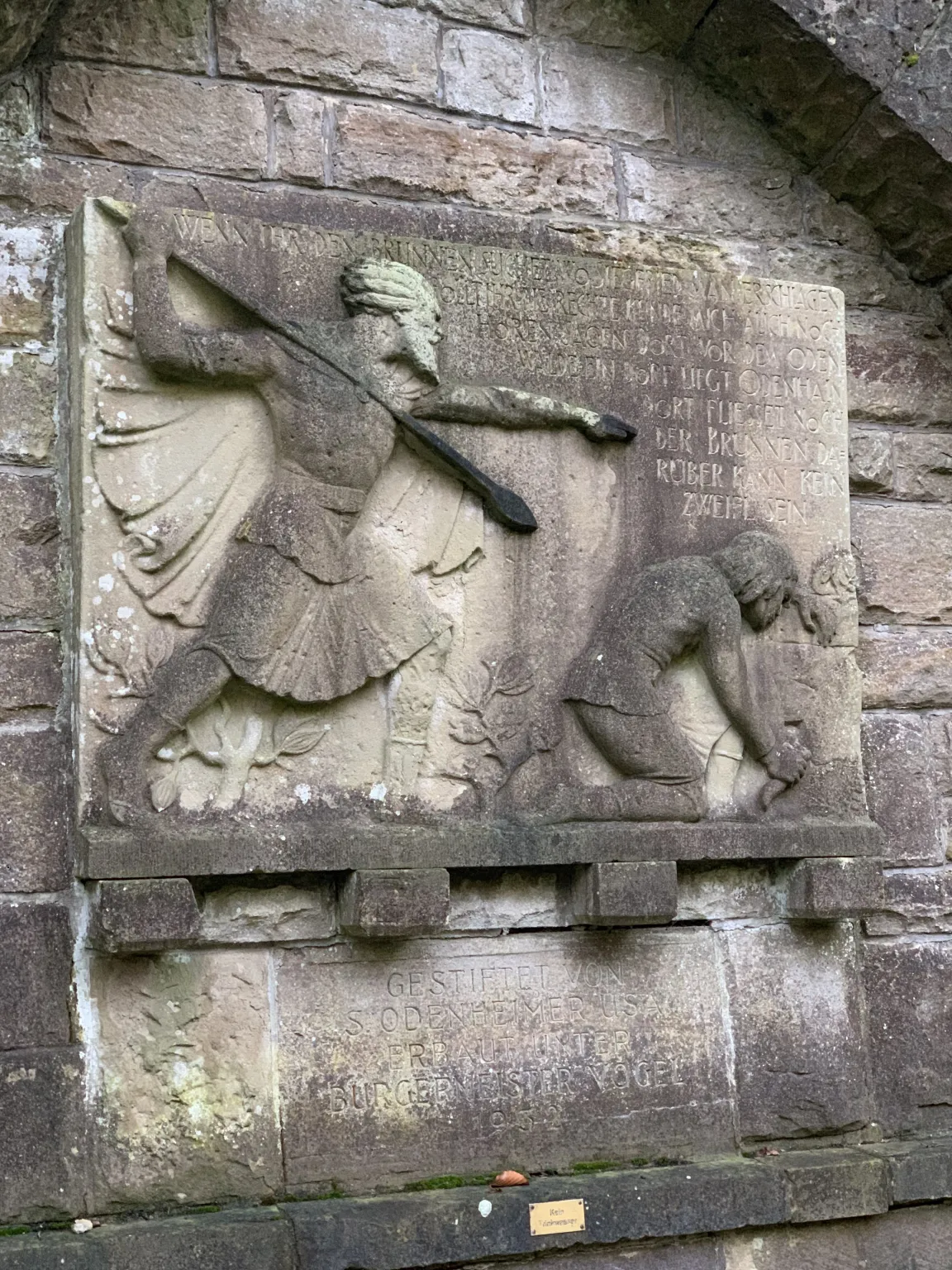 4D69C611-EE96-492A-9298-B51F87BA0E60 The Siegfried Fountain in Odenheim: the place where Hagen von Tronje killed Siegfried von Xanten, hero of the Nibelungen saga