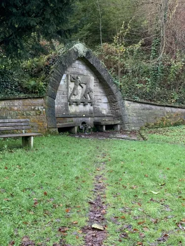 7CB331A5-5412-4B60-806E-662CD5FF3710 The Siegfried Fountain in Odenheim: the place where Hagen von Tronje killed Siegfried von Xanten, hero of the Nibelungen saga