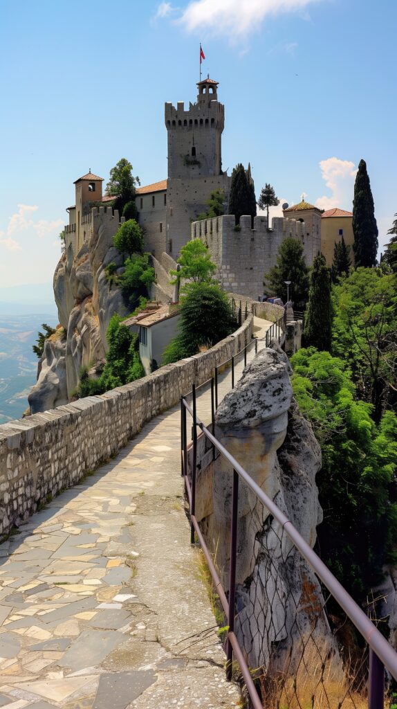 exploring-scenic-pathway-guaita-oldest-tower-san-marino-bright-blue-sky-574x1024 The Hidden Treasures of San Marino: Fact or Fiction?